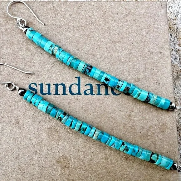 Sundance $148 NEW 4" Turquoise Heishi Sterling Silver Handmade Beaded Earrings - Picture 2 of 12